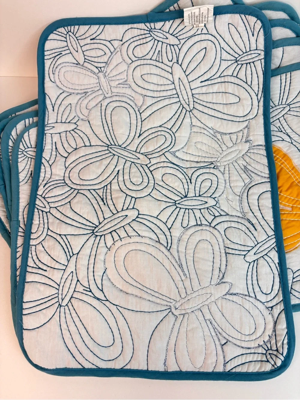 VTG Pier 1 Quilted‎ Placemat Set Teal Trim and Multicolor Butterfly Appliqués